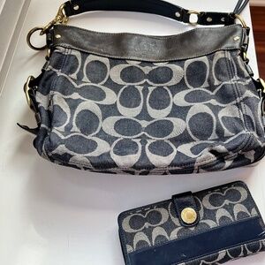 Coach hobo denim and leather purse and matching wallet